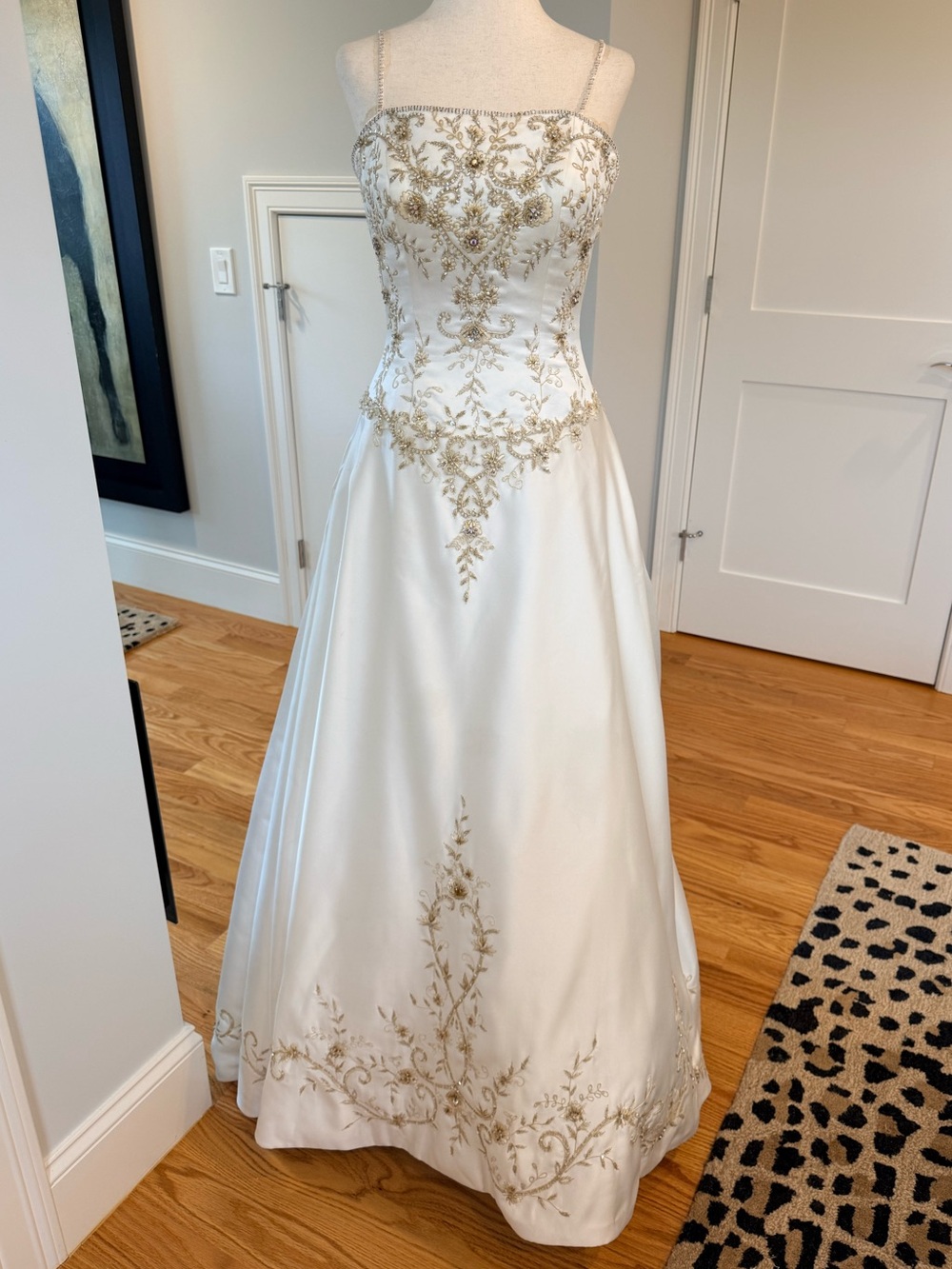 Christina Wu Ivory Satin A-Line Gown with Gold Embroidery and Beading